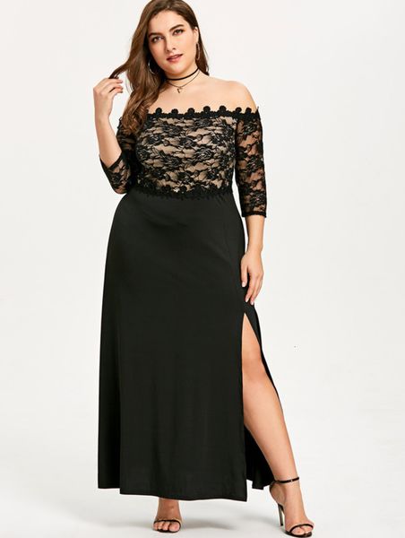 

off shoulder lace patchwork skirt long slit dress, Black;gray