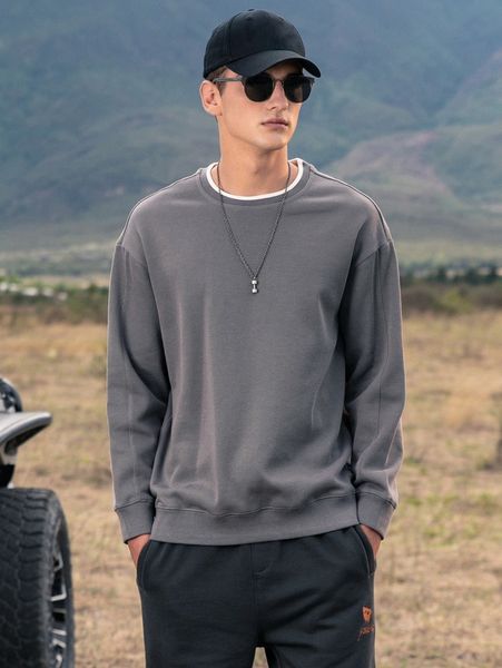 

men contrast binding drop shoulder pullover 65en#, Black