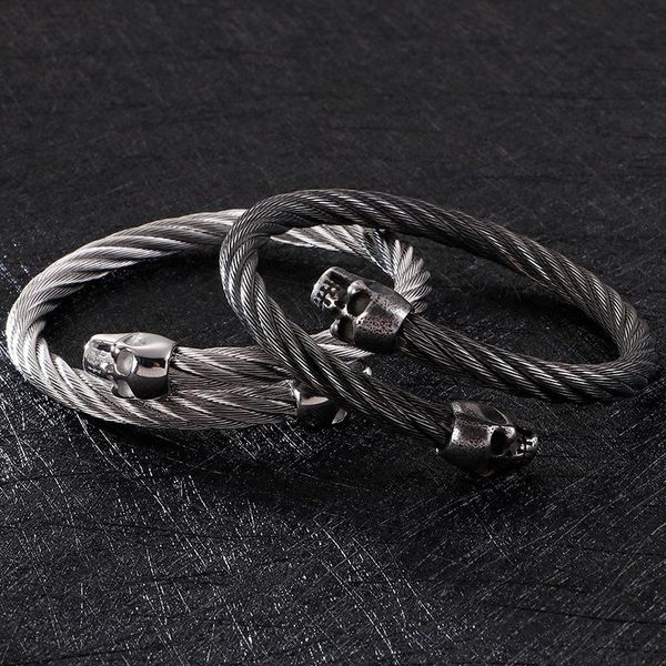 

Punk Rock Vintage Stainless Steel Matte Skull Charm Bangle Man Hiphop Gothic Cable Wire Gold Skeleton Men Jewelry, Black