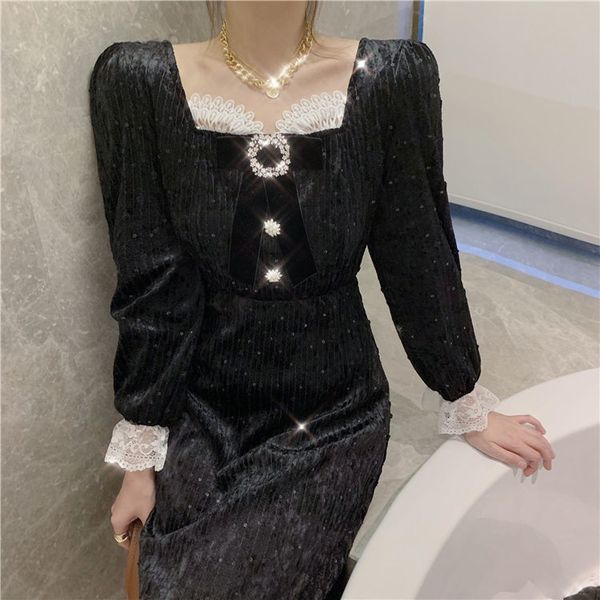 

2021 new lace long sleeve velvet winter black women designer maxi korean one-piece lady party dress spring lplj, Black;gray