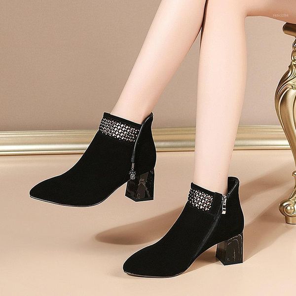 

boots female shoes woman suede leather ladies rystal est thick high heels ankle concise party working ankle1, Black