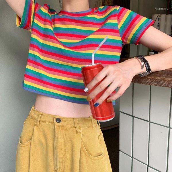 

women's t-shirt short rainbow contrast color stripes short sleeve red1, White