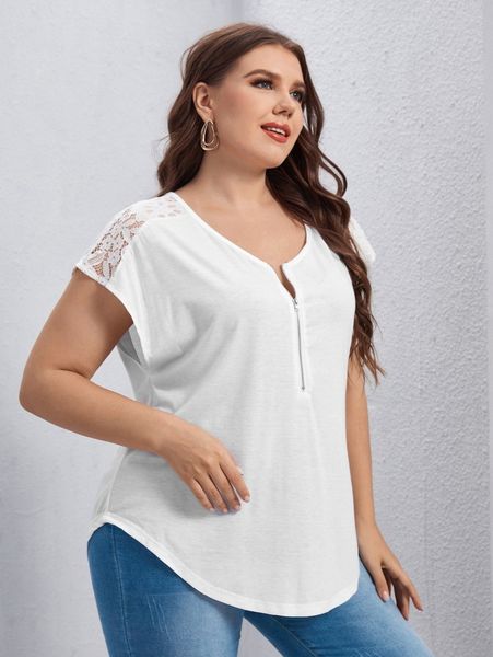 

plus contrast lace half zip curved hem tee o6pt#, Black