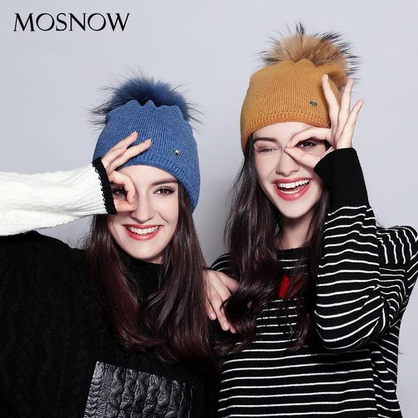 

beanie/skull caps mosnow women's winter hat female wool elegant real raccoon fur pompom double layer beanies autumn woman hats skullies, Blue;gray