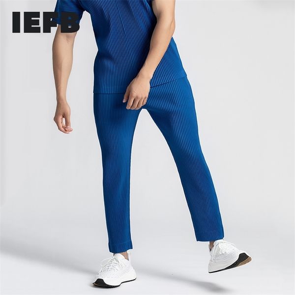 

iefb /men's wear japanese stretch fold fabric thin style loose wide leg pants straight pleated casual pants for male lj201217, Black