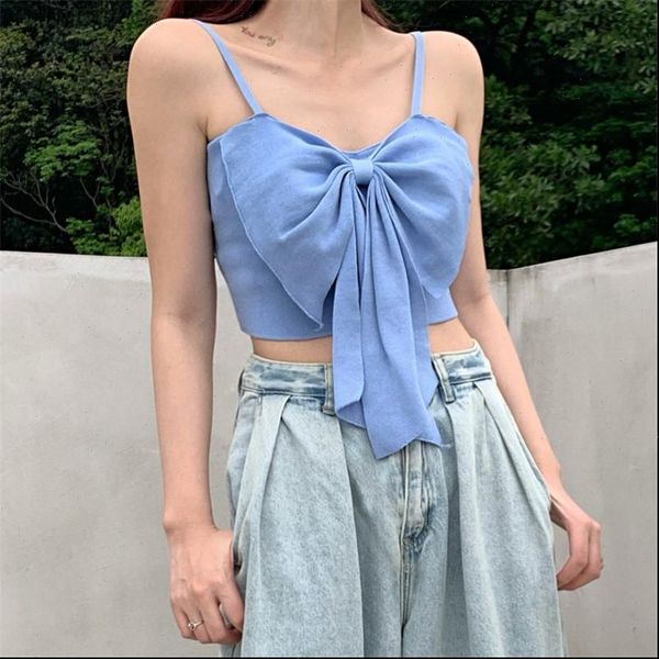 

summer women knit front bowknot tank crop girls knitted camisole sleeveless tee shirts camis for female, White