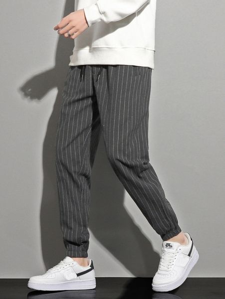 

men striped print carrot pants 69s2#, Black