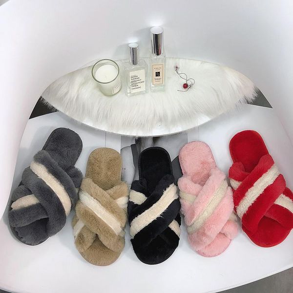 

female shoes plush slippers for adults slides low flock 2020 fur soft flat massage basic rubber with fur rome concise short, Black
