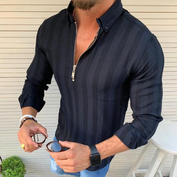 

men's casual shirts plus size men slim fit striped print turn-down collar zipper male long sleeve clothes chemises homme, White;black