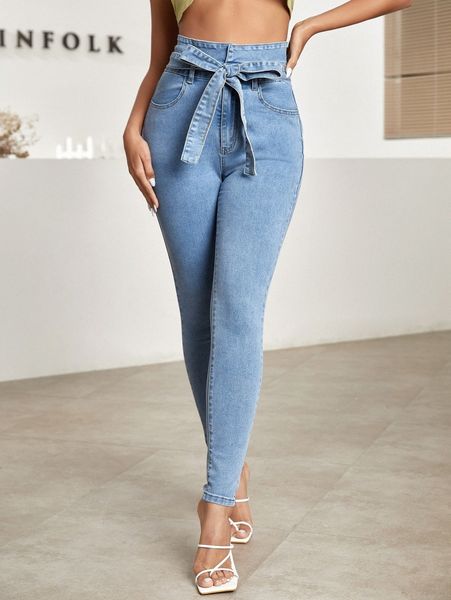 

washed belted skinny jeans 08st#, Blue