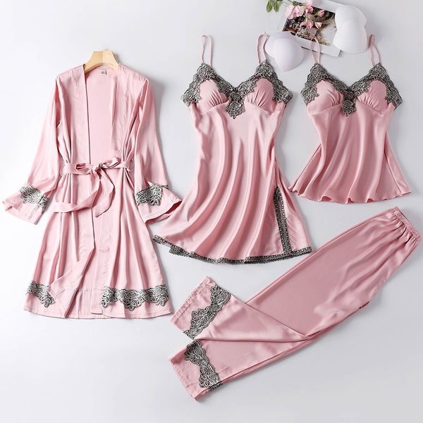 

4pcs satin sleepwear lady pajamas suit nighty&robe set intimate lingerie casual bridal wedding gift homewear nightgown 201031, Black;red