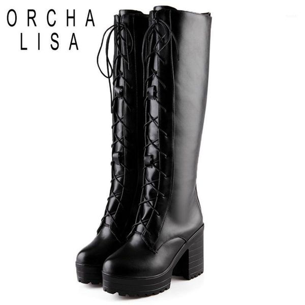 

boots orchalisa women motorcycle chunky heels round toe lacing shoes high heel knee female fashion pu plus size1, Black