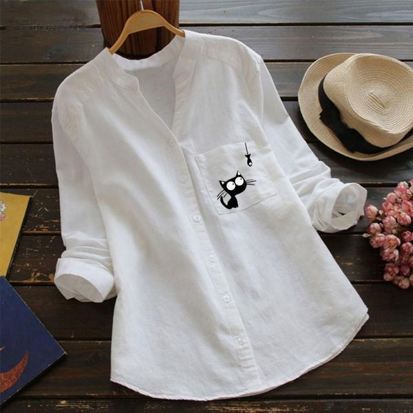 

women t-shirt cotton linen casual cat printed long sleeve shirt button down autumn clothes chemise femme, White