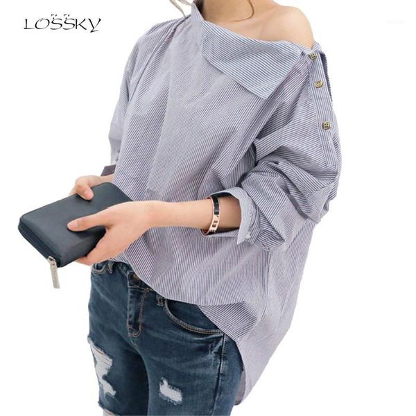 

autumn woman striped blouse skew collar batwing long sleeve loose blouse women spring button shirt blusa feminina1, White