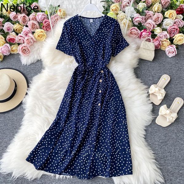 

neploe korean dot chiffon dresses women short sleeve v-neck elegant dresses buttons lace up slim waist vestidos femme 4d3421, Black;gray
