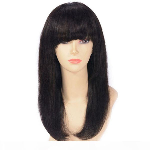 

peruvian virgin hair full lace wigs with bangs pre plucked hairline natural color straight lace front wigs, Black;brown