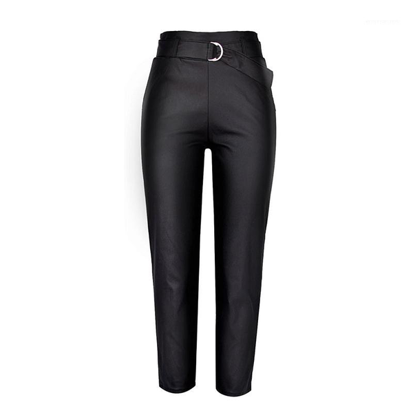 

women's pants & capris women's high waist loose stretch coated faux leather jeans pu elastic belt nine tide mix1, Black;white