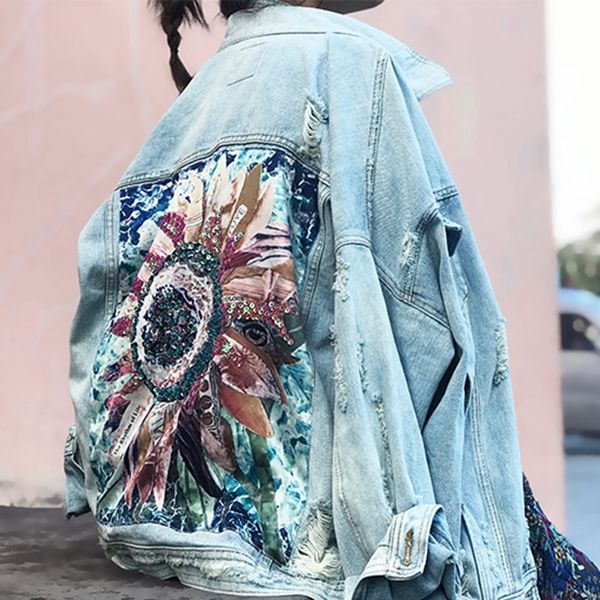 Frauen Denim Jacke feminine Frühling Herbst Boho Pailletten Blumen Applikationen Stickerei Mantel Langarm Oberbekleidung Weibliche Veste femme 201106