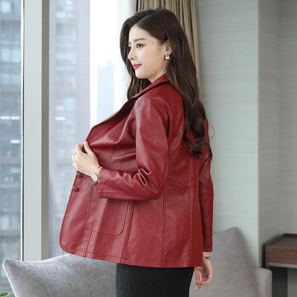 

black/red 2020 winter pu jacket women single breast long sleeve turn-down collar pu leather coats wholesale
