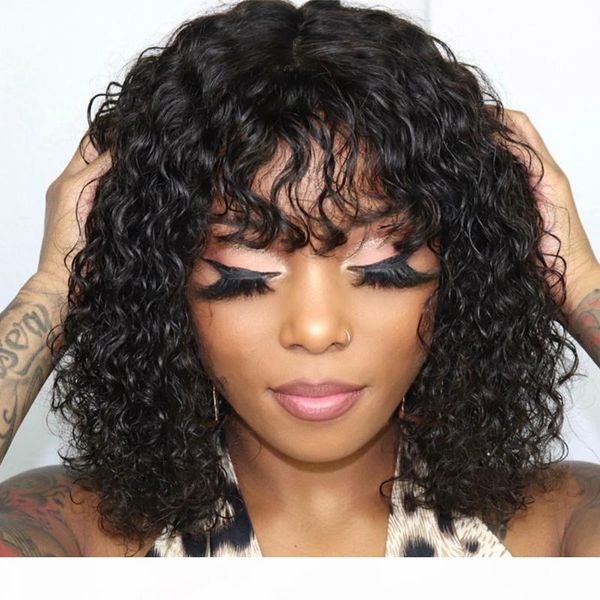 

pixie cut wig human hair glueless short bob silk lace front human hair wigs bleached knots afro kinky curly wig with bangs, Black;brown