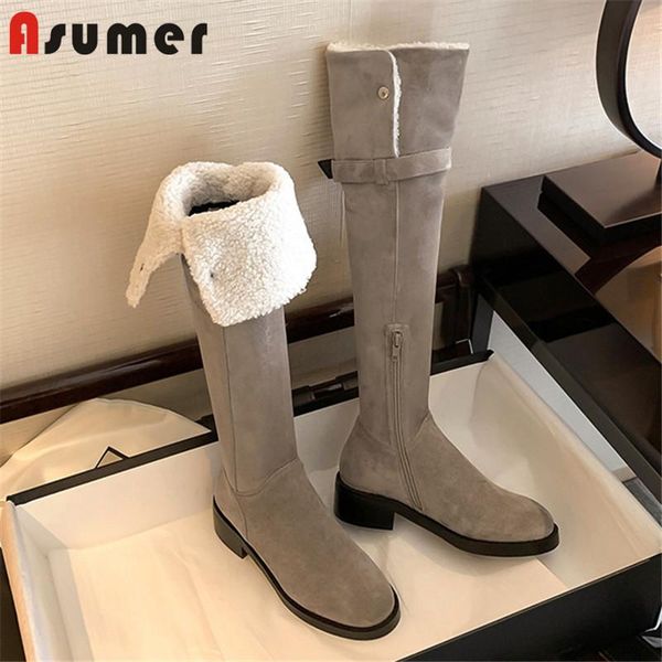 

asumer over the knee boots women winter shoes round toe zip stretch flock low heel casual shoes women long boots, Black