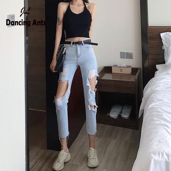 

women's jeans woman high waist hole denim harem pants 2021 summer korean style streetwear solid ripped female cotton ankle-length, Blue