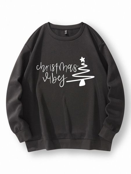 

plus christmas tree & letter graphic thermal pullover u8zf#, Black