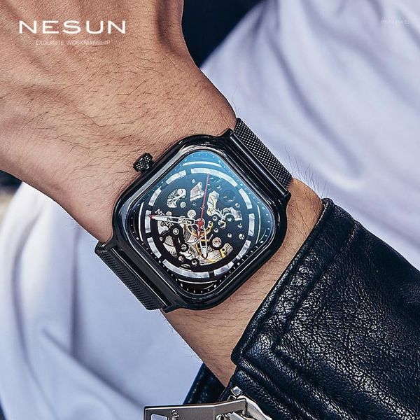 

wristwatches nesun square mechanical watch men fashion skeleton waterproof automatic watches switzerland relogio masculino 95001, Slivery;brown