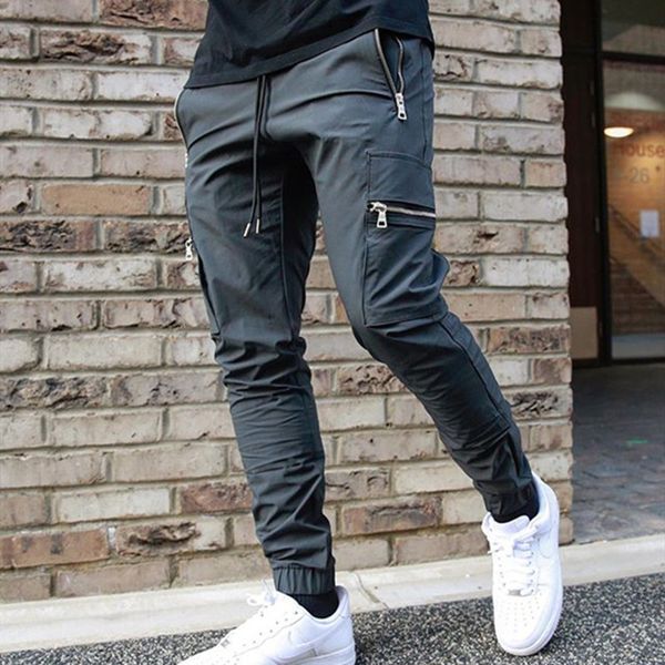 

black joggers sweatpants track pants men gym fitness workout trousers spring male multi-pocket casual skinny pants sportswear