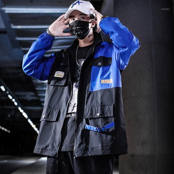 

men streetwear fashion jacket casual harajuku hip hop spell color spliced funny pattern print pocket cargo coat chaquetas hombre1, Black;brown