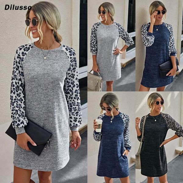 

women leopard matching long sleeve dresses fashion print fashion dress casual loose ladies straight patchwork female dress, Black;gray