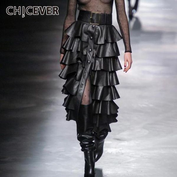 

chicever black pu leather ruffle women's skirts high waist buttons streetwear female skirt 2020 autumn fashion new clothing1