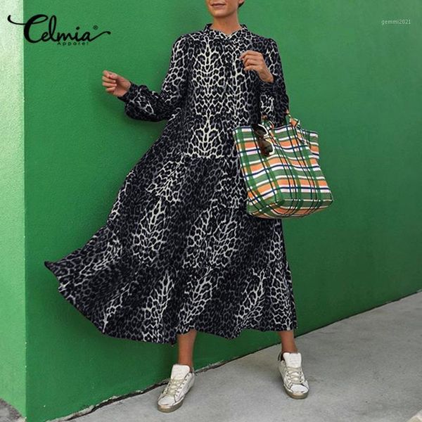 

casual dresses celmia bohemian dress women long sleeve leopard print 2021 autumn loose vintage holiday midi vestidos robe 5xl1, Black;gray