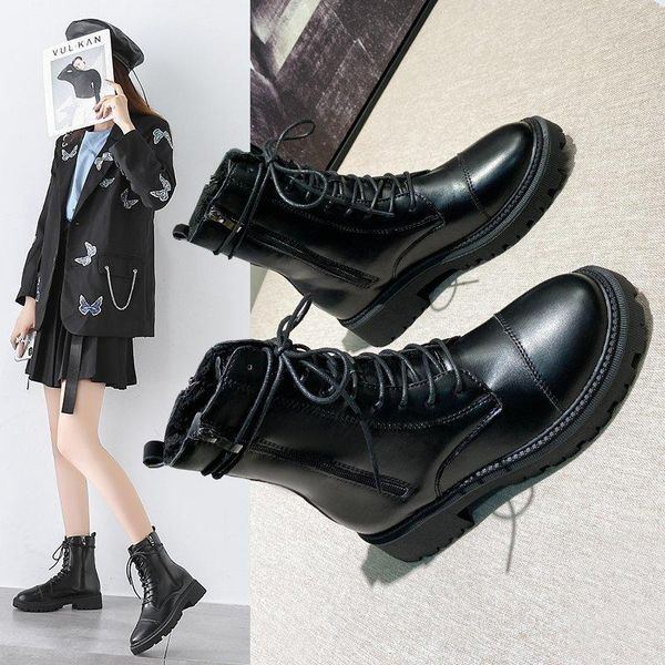 

boots 2021 winter casual women warm fur thick bottom heels platform lace up palent leather ankle combat shoes, Black