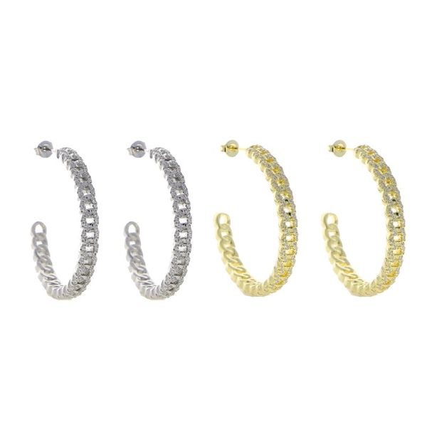 

hoop & huggie 2021 punk hollow cuban chain earrings iced out bling 5a cubic zircon circle earring for women hip hop party jewelry, Golden;silver