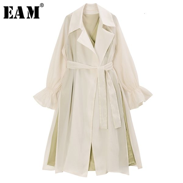

eam] women two piece bandage long trench new lapel long puff sleeve loose fit windbreaker fashion tide spring 1r734 201102, Tan;black