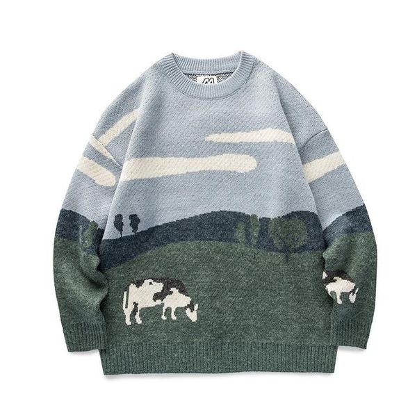 

noone men cows vintage winter sweaters 2020 pullover mens o-neck korean fashions sweater women casual harajuku clothes, White;black