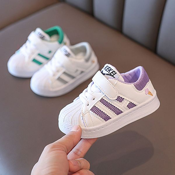 

2022 spring first walkers new kids sports shoes boys shell head small white sneakers shoes girls baby casual shoes with box size 21-25