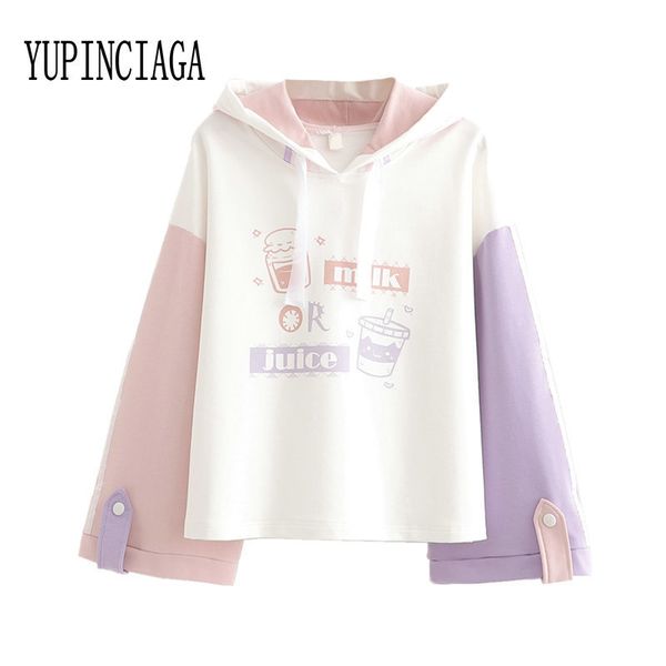 

women's print patchwork hooded sweatshirt 2020 spring loose long sleeve hoodies sweet style girl fashion pullovers yupinciaga lj201102, Black