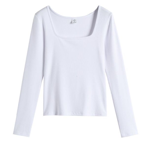 

2021 new long sleeve ribbed 95% cotton women t shirt solid square collar s-xl tee chic female t-shirt autumn winter vf97, White