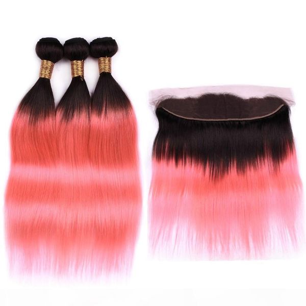 

malaysian ombre pink straight human hair weave bundles 3pcs with frontal #1b rose gold ombre straight weaves with 13x4 lace frontal closure, Black