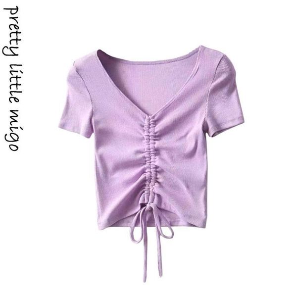 

fashion women's clothing short sleeve v-neck t-shirt lace up kg-767, White