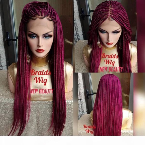 

elling africa women style jumbo braids lace front wig synthetic hair box braid wig pink red crochet braids wig natural hairline, Black