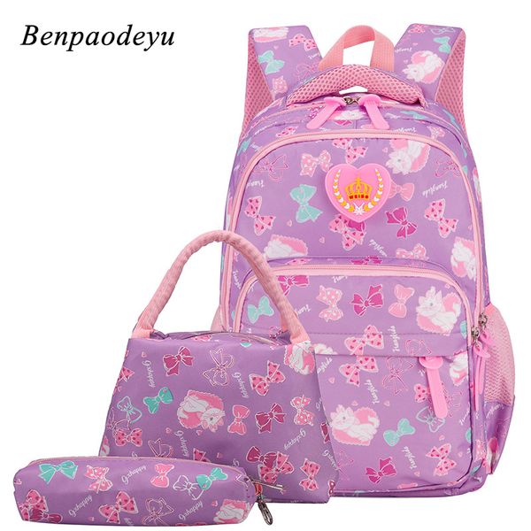 

2019 children school bags for girls backpacks cute bow print school bag waterproof kids backpack girls book bags 3pcs/set t200709