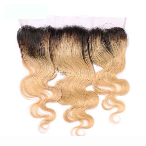 

two tone 1b 27 honey blonde human hair with lace frontal dark roots strawberry blonde ombre lace frontal with body wave hair weaving, Black;brown