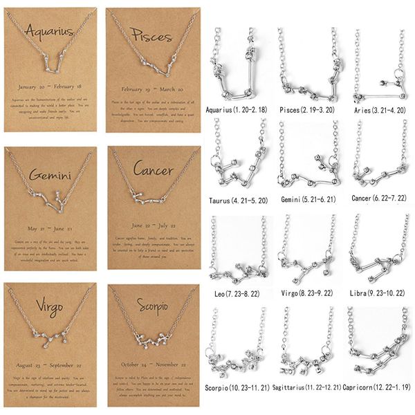 

12 constellation pendant zodiac sign necklace crystal birthday message card for women girl fashion jewelry