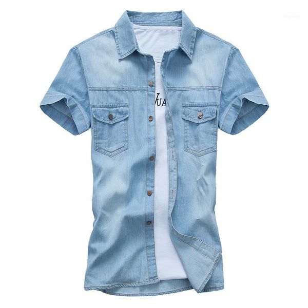 

summer brand denim shirt men cotton short sleeve turn-down collar mens shirts casual slim fit men's jeans shirts chemise homme1, White;black