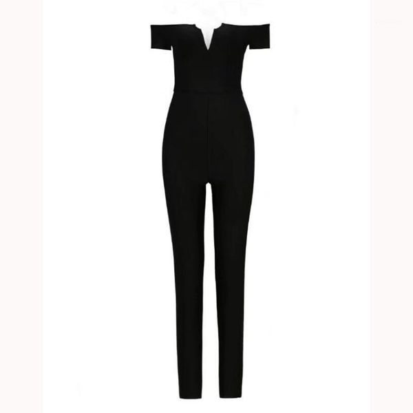 

2020 new women slash neck bodycon bandage jumpsuits sleeveless off shoulder chic celebrity party jumpsuit1, Black;white