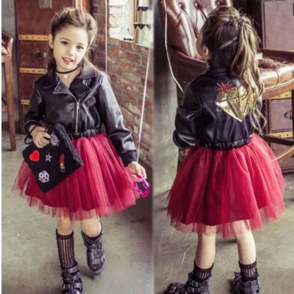 

clothing leather girls' 2020 korean drs children's wear sequin embroidery lapel locomotive sle, Red;yellow