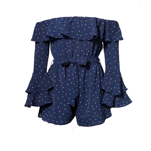 

2021 new spring elegant bar neck ruffles jumpsuits playsuits skinny women high rise type short exit designed polka dot 98io, Black;white